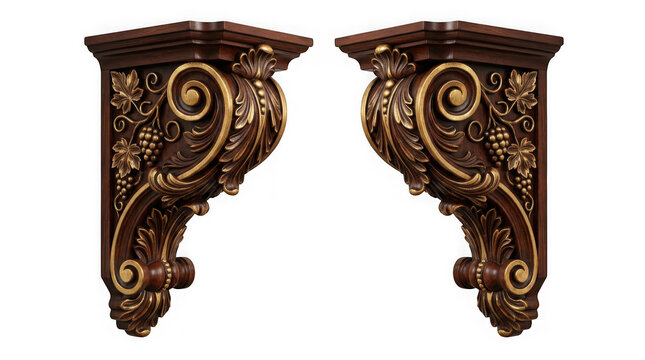 Pair of decorative wooden wall corbels with gold leaf accents isolated on transparent background