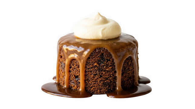 Delicious sticky toffee pudding cake with caramel sauce and whipped cream topping isolated on transparent background