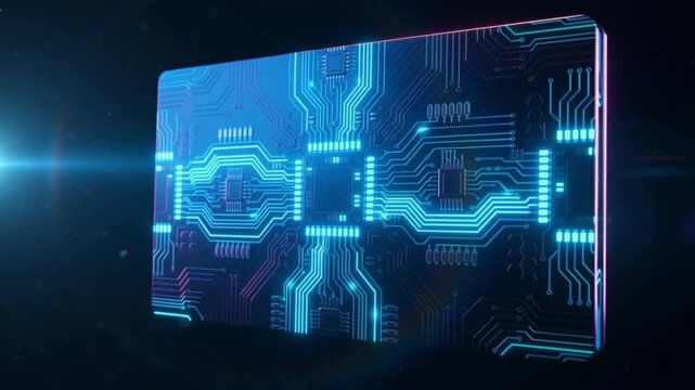 Circuit board rotates and illuminates with glowing blue and purple neon lines circuitry electronics motherboard technology