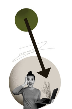 Vertical photo collage of shocked girl freelancer hold laptop arrow decline problem bankrupt recession isolated on painted background