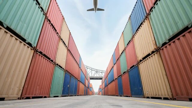 Airplane flying over a shipping container yard with a bridge in the background 4k video