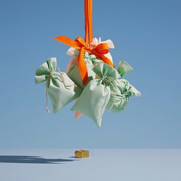 Floating cotton pouches from a christmas advent calendar with cut threads, weightless in a pastel blue field for holiday advertising and copy space