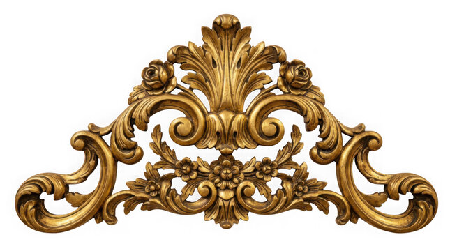 Decorative golden architectural element with floral carvings isolated on transparent background