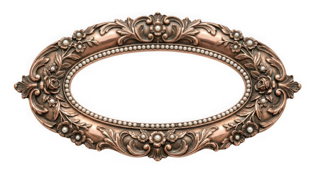 Vintage oval ornate copper picture frame with floral decorations and pearls isolated on transparent background