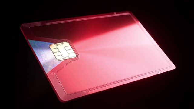 Red sim card rotates against a dark background showcasing its metallic contacts simcard cellular smartphone wireless