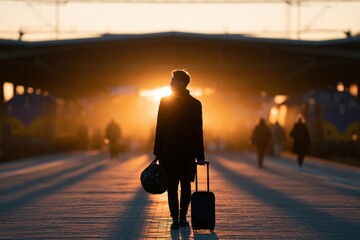Fototapeta premium Silhouetted traveler with suitcase walking on a train station platform at sunrise for travel background and banner design