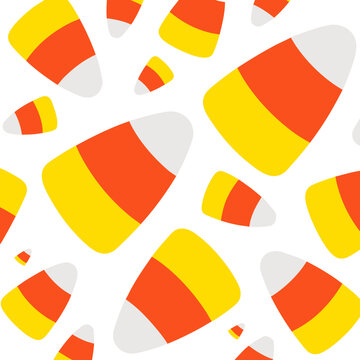 Halloween candy corn seamless pattern, cute festive yellow and orange sweets background vector, autumn seasonal pattern for wrapping paper