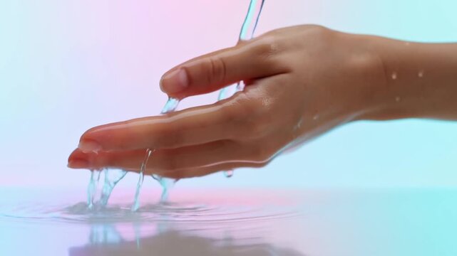 Slow motion cupped hands catching and pouring water over reflective tabletop surface in pastel studio close up with soft pink and blue lighting