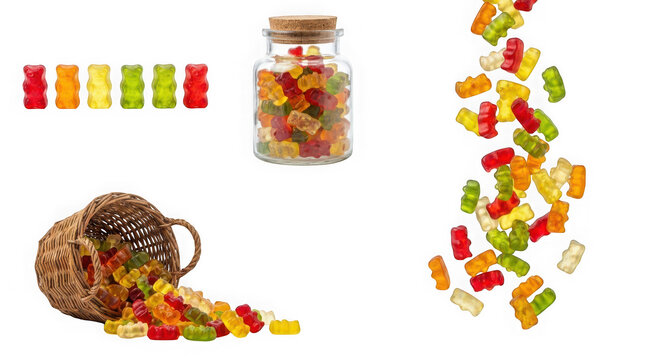 Collection of colorful gummy bears in a glass jar, a wicker basket, and falling isolated on transparent background