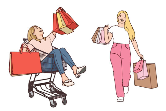 Happy Young Women Holding Colorful Shopping Bags Black Friday Retail Sale Concept Set Vector Illustration Isolated on White Background