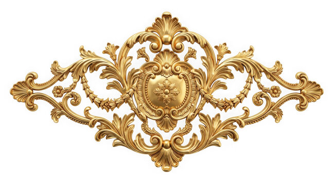 Ornate gold decorative element with floral filigree patterns isolated on transparent background