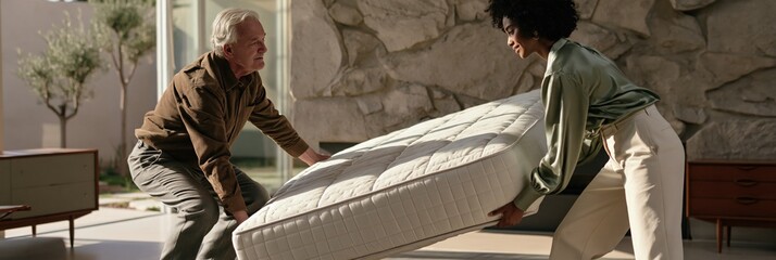 Fototapeta premium Two people lifting a mattress in a modern living room interior for furniture delivery banner and home staging background