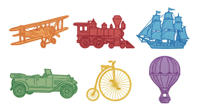 Colorful paper cut out illustrations of travel and transportation vehicles including an orange biplane, red steam locomotive, blue tall ship, green vintage car, yellow penny farthing bicycle