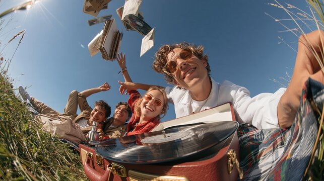 Portable suitcase record player spinning a vinyl disc on a plaid blanket, with young adults relaxing in a sunny meadow for indie youth culture
