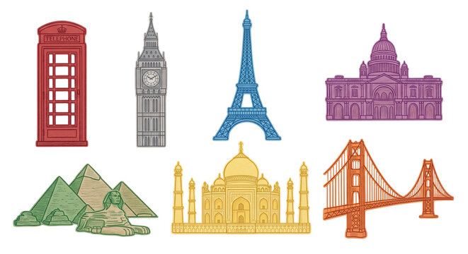 Colorful paper cut out illustrations of famous world landmarks and architecture including a red telephone box, grey Big Ben clock tower, blue Eiffel Tower, purple cathedral, green pyramids