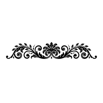 Symmetrical black floral flourish divider with leaf scrolls isolated on a transparent background