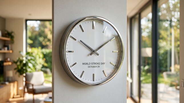 Modern Chrome Wall Clock Displaying World Stroke Day Text In Bright Interior Representing Time Urgency
