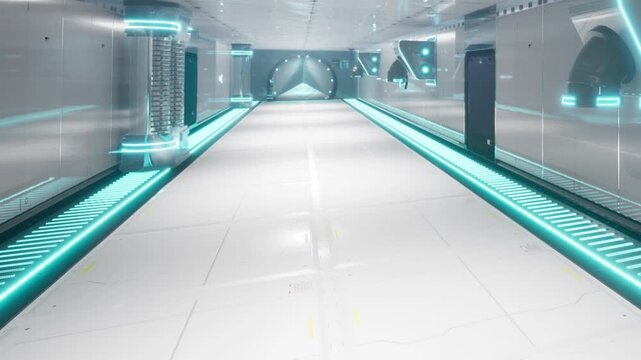 A long, bright corridor showcases shiny white walls lined with glowing blue lights. This futuristic setting exudes an advanced technological vibe, inviting exploration.