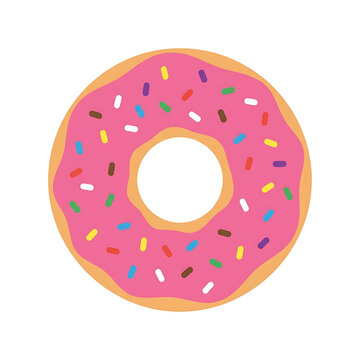 Pink glazed donut with colorful sprinkles on white background