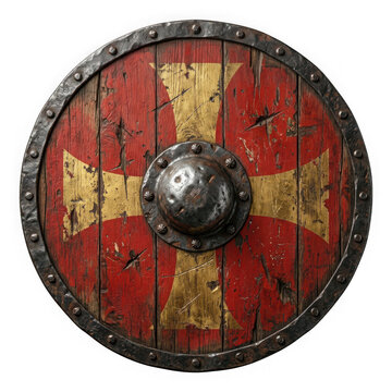 Ancient medieval round wooden shield with red and gold cross isolated on transparent background