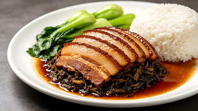 Chinese preserved vegetable braised pork belly rice set, mei cai kou rou