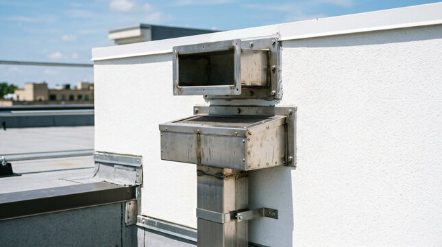 Industrial stainless steel roof drainage scupper system with rectangular water outlet and filter mesh mounted on a textured white stucco exterior parapet wall against a bright blue sky.