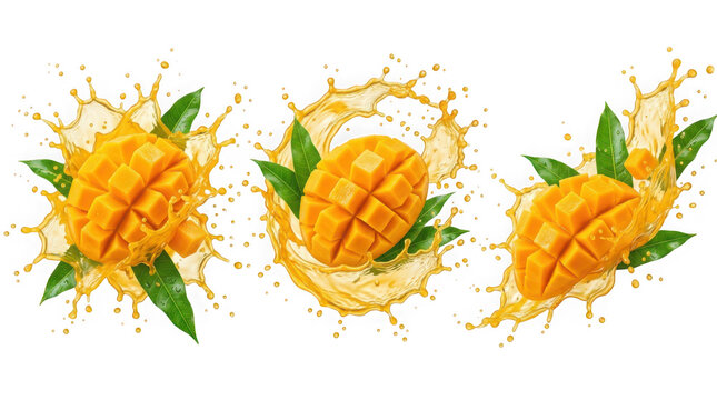 Fresh mango fruit with juice splash isolated on transparent background