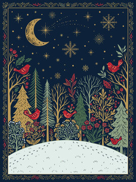 Magical night sky filled with stars and a crescent moon. Red birds perch on trees against a snowy hill. Twilight forest glows with evergreens and autumn leaves