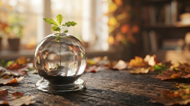 Young oak tree sapling growing inside spherical glass terrarium on rustic wooden background