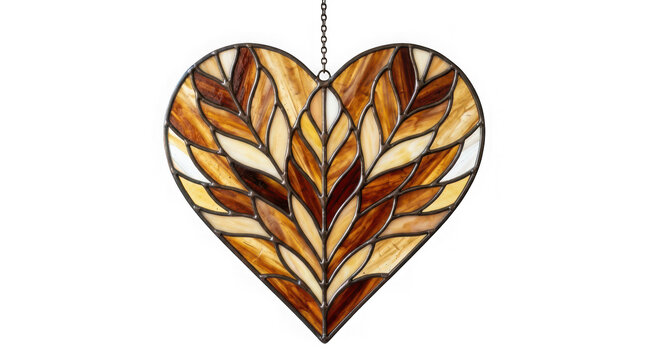 Heart shaped stained glass suncatcher with leaf pattern isolated on transparent background
