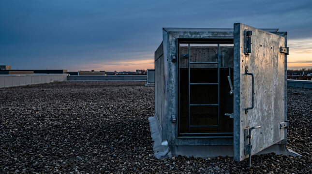An open industrial steel roof access hatch with metal ladder leading down inside, mounted on a gravel covered commercial rooftop during a cloudy early morning twilight hour with city skyline views.