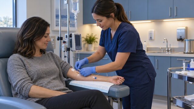 Nurse administering IV infusion to patient in clinic