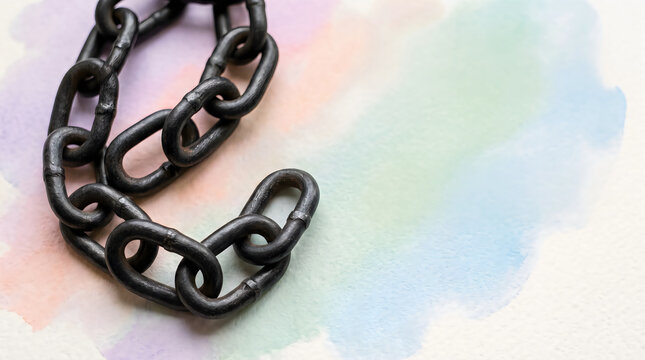 Black metal chain lying on a colorful pastel watercolor painted paper background