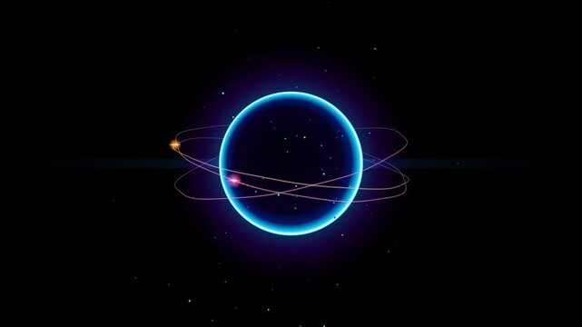 Glowing neon blue planet surrounded by elliptical orbits and glowing stars in deep dark space