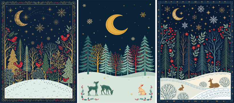 Softly lit nightscape with crescent moon and falling snowflakes. Winter trees stand tall in a quiet, snowy forest. Deer and rabbits rest peacefully under starry skies