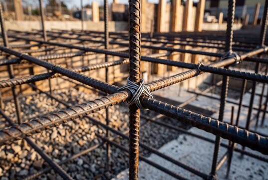 Steel rebar grid tied with wire at a building foundation construction site, illustrating concrete reinforcement work, civil engineering, or structural framework development