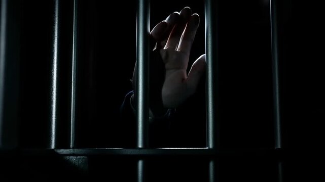 Slow motion hands sliding and pressing against prison bars inside dark cell close up static low key lighting tense atmosphere