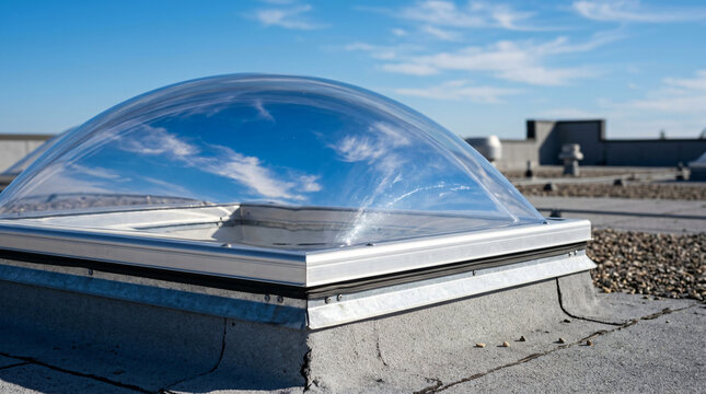 Clear acrylic dome skylight installed on a commercial industrial flat roof with gravel ballast, reflecting a bright blue sky and white clouds in daylight under natural sunlight conditions.