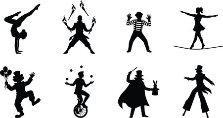 Circus performer silhouettes vector set featuring acrobat, fire juggler, mime, tightrope walker, clown, unicycle juggler, magician, and stilt walker. © MstTopy