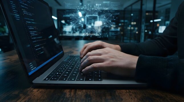 Person typing on laptop keyboard with abstract digital circuit board and code overlay