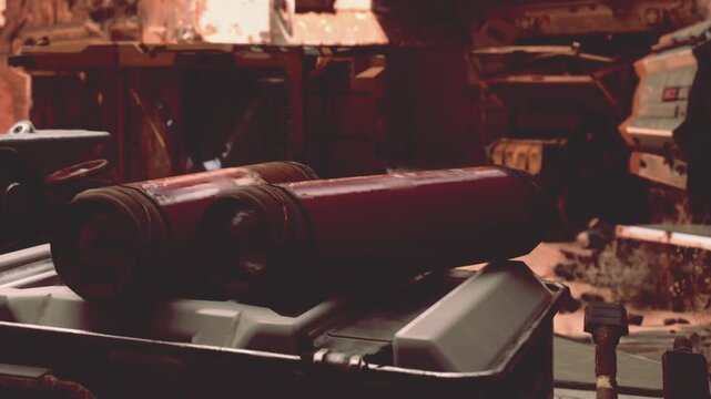 In a dimly lit workshop, two old vintage tools rest on a sturdy metal crate surrounded by machinery. The atmosphere is filled with nostalgia and a sense of craftsmanship.