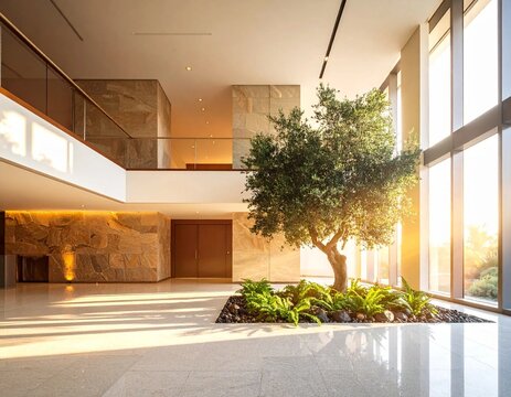 Luxurious Modern Lobby with Indoor Olive Tree Bathed in Golden Sunlight, Featuring Stone Walls, Polished Floors, and Grand Architectural Design.