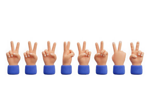 Set of 3D cartoon hands showing peace sign gesture in different angles isolated on transparent background