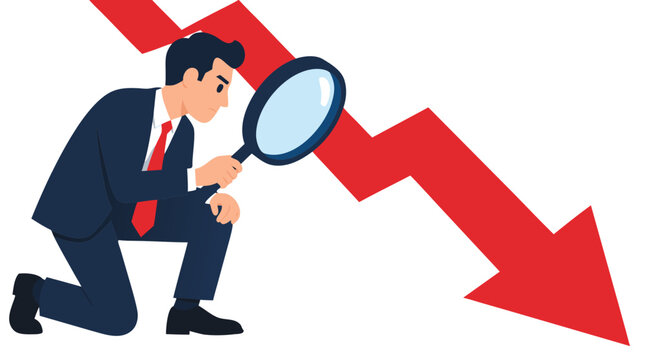 Businessman in dark suit kneeling with giant magnifying glass examining large downward red arrow symbolizing financial loss, stock market crash and economic downturn in bold flat vector illustration
