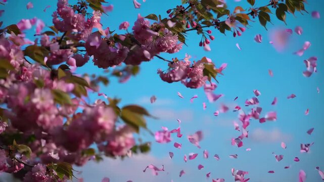 Pink cherry blossoms falling against a clear blue sky.