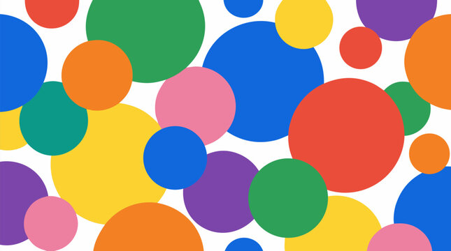 Seamless pattern of overlapping bold flat colorful circles and dots in red blue green yellow orange purple pink on clean solid white background for playful modern abstract vivid fun design