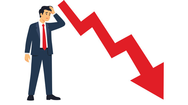 Worried businessman in suit holding head standing beside large falling red arrow symbolizing financial crisis bankruptcy loss and stock market crash on white background vector illustration