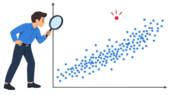 Flat vector illustration of business analyst with magnifying glass spotting red outlier point on large blue scatter plot chart showing data correlation and anomaly detection concept insight