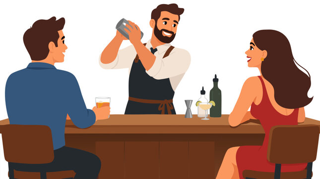 Friendly bearded bartender in apron shaking cocktail shaker behind wooden bar counter serving drinks to smiling man and woman customers enjoying nightlife at cozy pub in vibrant flat vector style