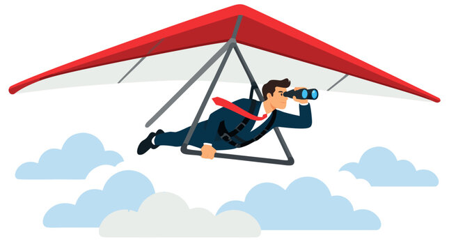Ambitious businessman in blue suit flying high above clouds on red hang glider looking through binoculars searching for opportunity, business vision success and leadership concept illustration